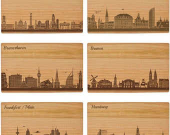 Skyline auf Holzbrett - Geschenk zum Abschied, Willkommensgeschenk, Geburtstagsgeschenk