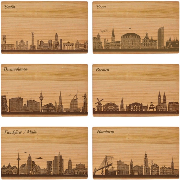 Skyline auf Holzbrett - Geschenk zum Abschied, Willkommensgeschenk, Geburtstagsgeschenk