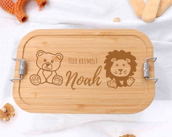 Brotdose für Kinder personalisiert mit Holzdeckel, beschriftet mit Namen und Motiv, Bär und Löwe - 2 Größen