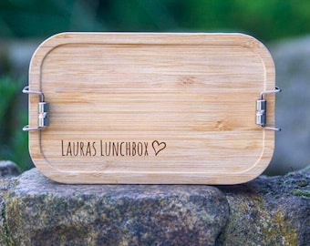 Metall Lunchbox personalisiert mit Holzdeckel für Spülmaschine geeignet, Geschenk für Kinder, Papa, Einschulung – Gravur mit Wunschtext