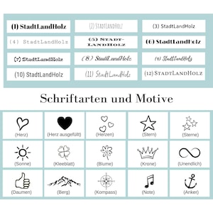 Op de afbeelding: Een tabel met 12 verschillende lettertypen en 12 verschillende grafische ontwerpen. De lettertypen zijn allemaal in zwart en wit en de grafische ontwerpen zijn in zwart. De grafische ontwerpen omvatten een hart, een ster, een zon, een klavertjevier, een bloem, een kroon, een oneindigheidssymbool, een duim, een berg, een kompas, een noot en een anker.