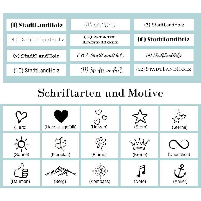 Op de afbeelding: Een tabel met 12 verschillende lettertypen en 12 verschillende grafische ontwerpen. De lettertypen zijn allemaal in zwart en wit en de grafische ontwerpen zijn in zwart. De grafische ontwerpen omvatten een hart, een ster, een zon, een klavertjevier, een bloem, een kroon, een oneindigheidssymbool, een duim, een berg, een kompas, een noot en een anker.