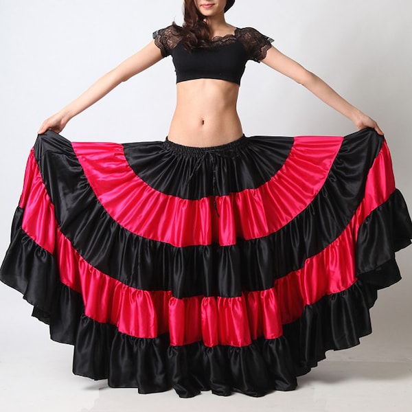 Mix Color Satin 5 Jupe à 5 Niveaux pour Femmes Lady Girl Long Shiny Belly Dance 25 Yard Tier Jupe Flamenco Tribal Ruffle Costume