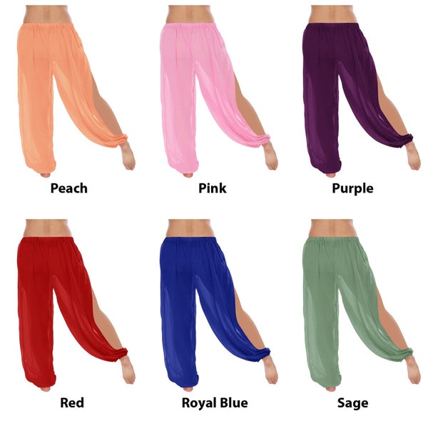 Pantalon harem en mousseline de soie, vêtements pour femmes à fente latérale 2, pantalon fendu à la cheville, pantalon fendu, pantalon harem de danse du ventre, pantalon d’Halloween Pantaloons Halloween