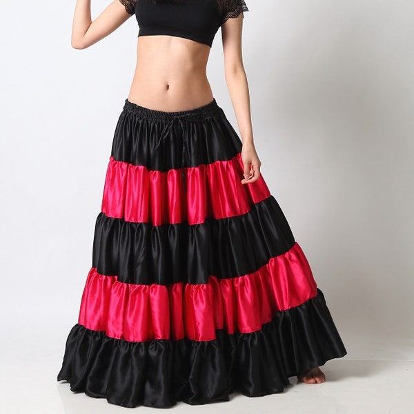 Mix Color Satin 5 Jupe à Niveaux pour Femmes Lady Girl Long Shiny Belly Dance 6 Yard Tier Jupe Flamenco Tribal Ruffle Costume