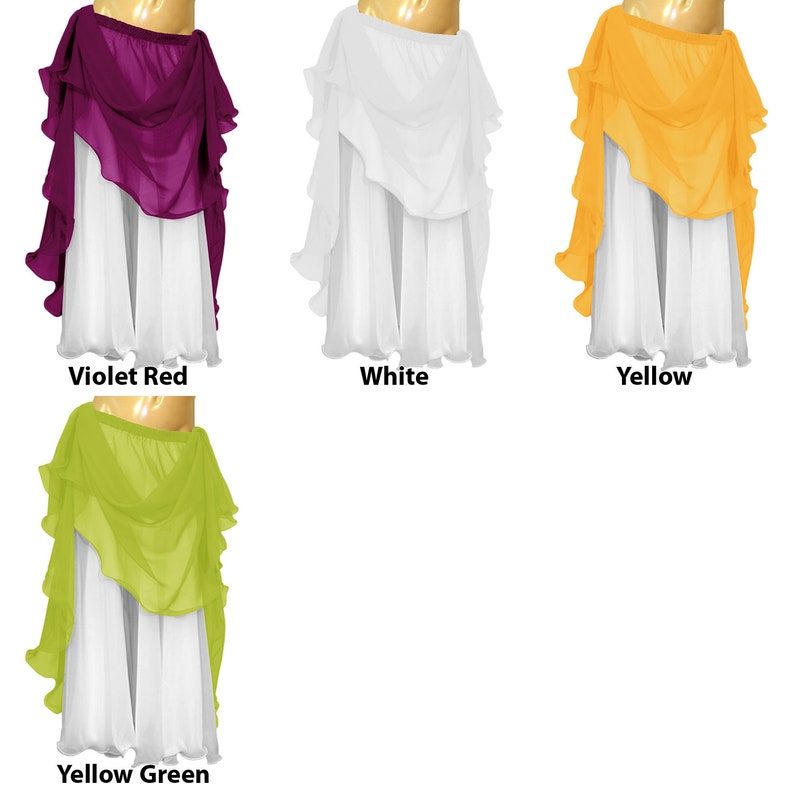 May include: Four different colors of belly dance skirts. The skirts are made of a sheer fabric with a ruffled trim. The skirts are available in violet red, white, yellow, and yellow green.