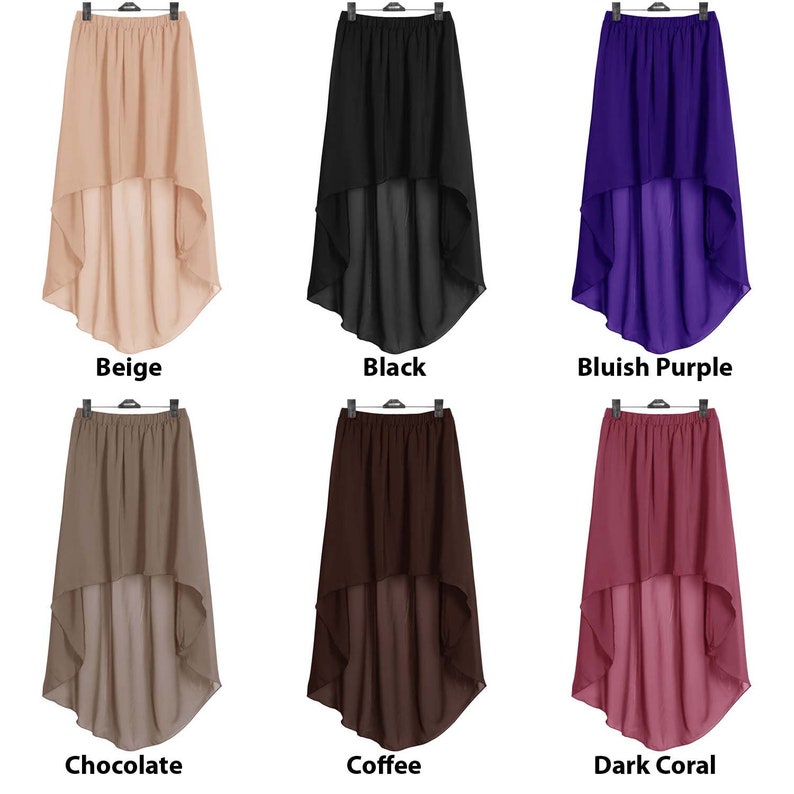 Pu&ograve; includere: Sei gonne asimmetriche di diversi colori: beige, nero, viola bluastro, cioccolato, caff&egrave; e corallo scuro. Le gonne sono realizzate in un tessuto trasparente e hanno un'alta vita.