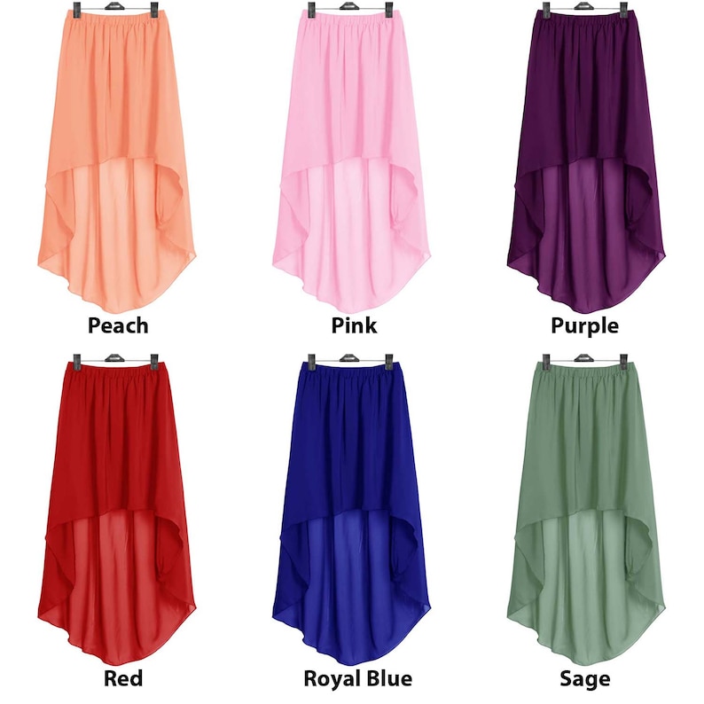 Pu&ograve; includere: Sei gonne asimmetriche di diversi colori: pesca, rosa, viola, rosso, blu reale e salvia. Le gonne sono realizzate in un tessuto leggero e fluido e hanno un'alta vita. Sono tutte dello stesso stile, con un davanti pi&ugrave; corto e una schiena pi&ugrave; lunga.