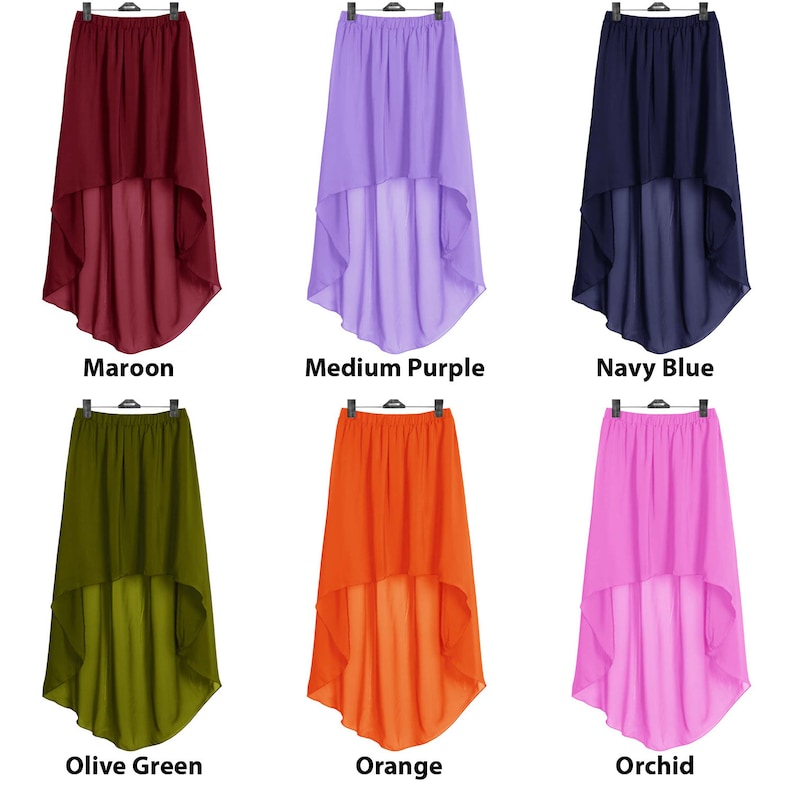 Pu&ograve; includere: Sei gonne asimmetriche di diversi colori: granata, viola medio, blu navy, verde oliva, arancione e orchidea. Le gonne sono tutte realizzate in un tessuto leggero e fluido e hanno un'alta vita. Sono tutte appese a grucce.