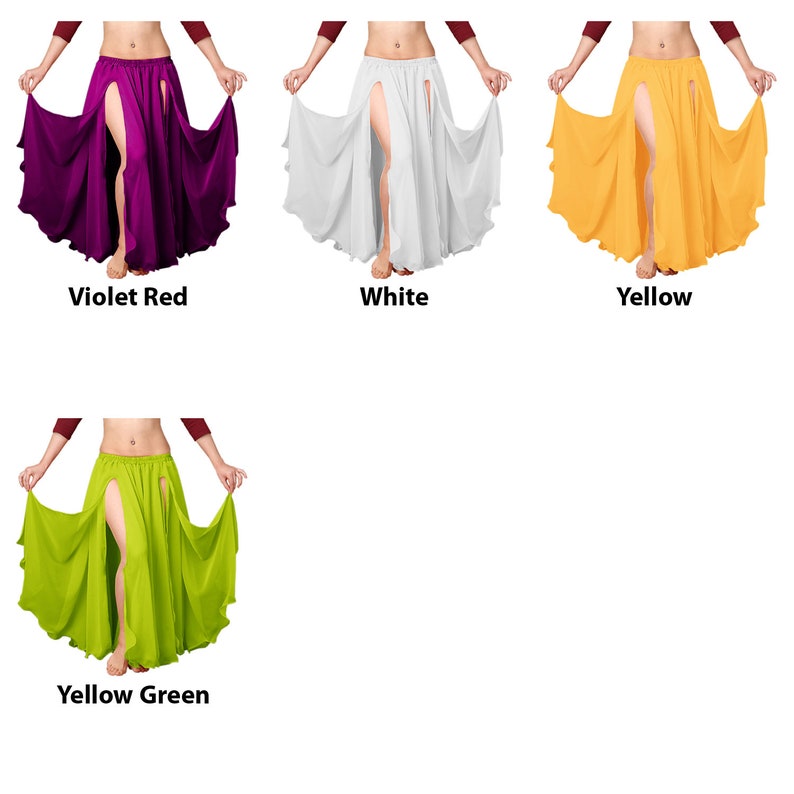 K&ouml;nnte beinhalten: Vier verschiedene Farben eines langen, flie&szlig;enden Chiffon-Rocks mit einem hohen Schlitz vorne. Die Farben sind violettrot, wei&szlig;, gelb und gelbgr&uuml;n.
