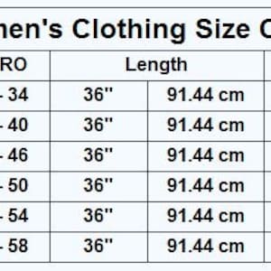 May include: Women's clothing size chart with measurements in inches and centimetres. The chart shows sizes for S, M, L, XL, 2XL, and 3XL. It includes US, UK/AU, and Euro sizes, as well as length, waist, and hip measurements.