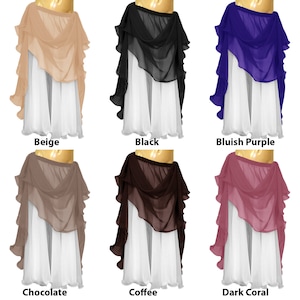 May include: Six different colors of chiffon belly dance skirts. The skirts are layered with a white underskirt and a top layer of chiffon in beige, black, bluish purple, chocolate, coffee, and dark coral.