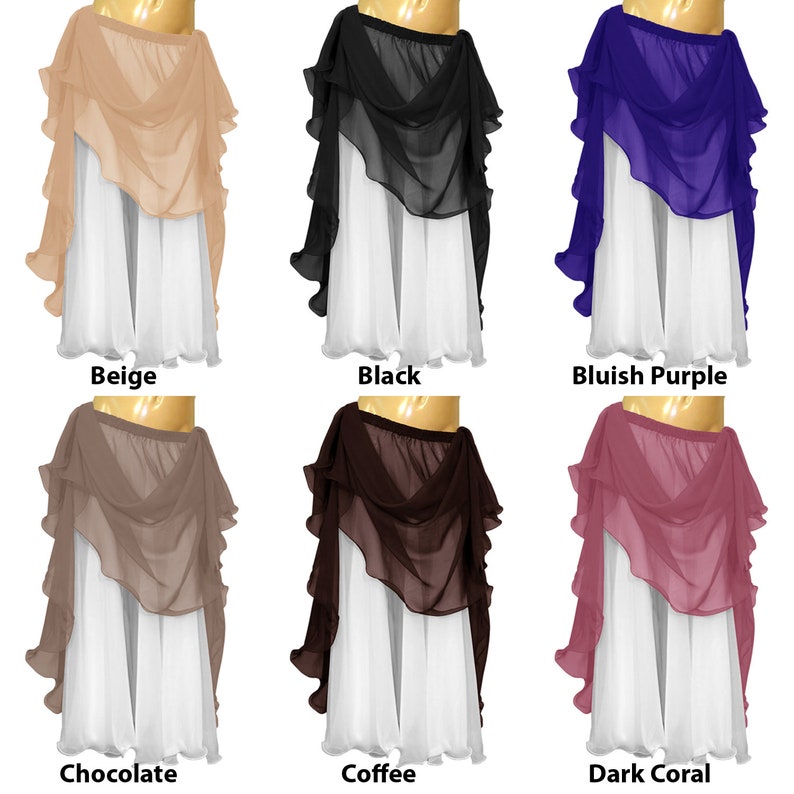 May include: Six different colors of chiffon belly dance skirts. The skirts are layered with a white underskirt and a top layer of chiffon in beige, black, bluish purple, chocolate, coffee, and dark coral.