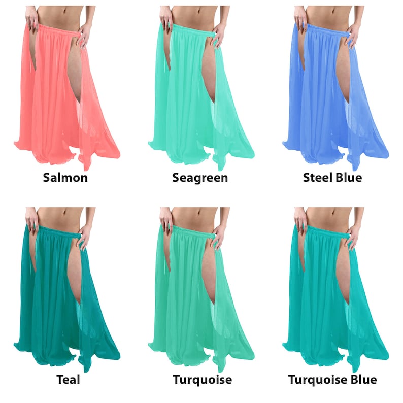 May include: Six different colours of sheer chiffon skirts with a slit up the front. The colours are salmon, seagreen, steel blue, teal, turquoise, and turquoise blue.