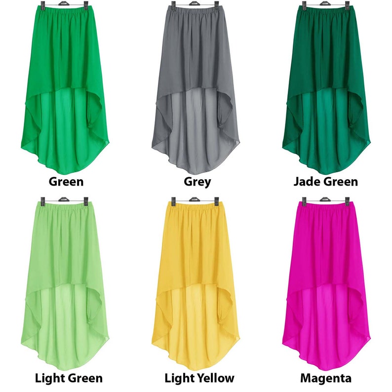 Pu&ograve; includere: Sei gonne asimmetriche in diversi colori: verde, grigio, verde giada, verde chiaro, giallo chiaro e magenta. Le gonne sono tutte in tessuto leggero e hanno un'alta vita.