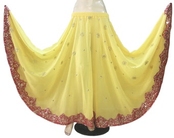 Yellow Dancing Sari Skirt Chimki Work Embroidered Belly Dancing Skirt Sequin