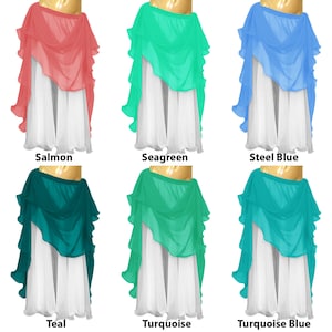 May include: Six different colors of chiffon belly dance skirts. The skirts are layered and have a ruffled edge. The colors are salmon, seagreen, steel blue, teal, turquoise, and turquoise blue.