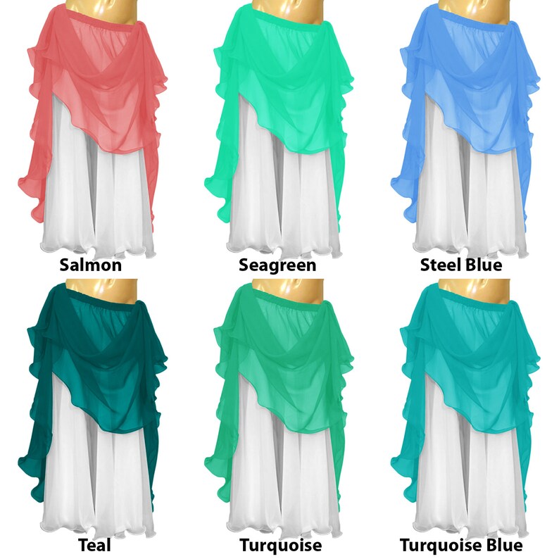 May include: Six different colors of chiffon belly dance skirts. The skirts are layered and have a ruffled edge. The colors are salmon, seagreen, steel blue, teal, turquoise, and turquoise blue.