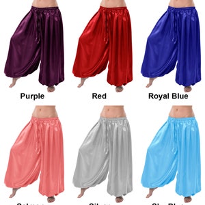 thumbnail image 2 of Women's Satin Harem Pants - Belly Dance Yoga Genie Trousers With Elastic Waist 2 of 6