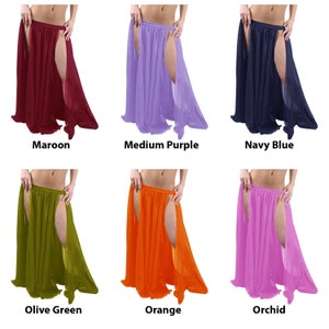 May include: Six different colours of long, flowing chiffon skirts with a slit up the front. The colours are maroon, medium purple, navy blue, olive green, orange, and orchid.