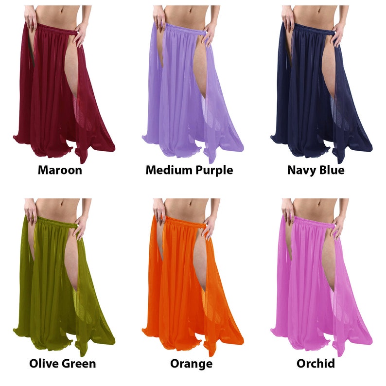 May include: Six different colours of long, flowing chiffon skirts with a slit up the front. The colours are maroon, medium purple, navy blue, olive green, orange, and orchid.