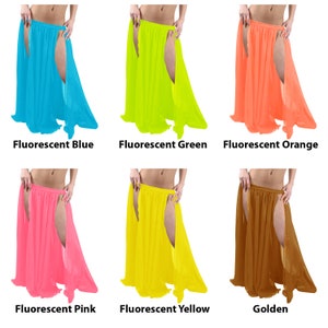 May include: Six different colours of a long, flowing skirt with a slit up the front. The colours are fluorescent blue, fluorescent green, fluorescent orange, fluorescent pink, fluorescent yellow, and golden.