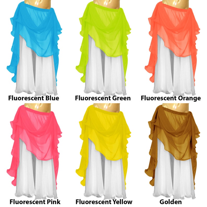 May include: Six different colors of sheer chiffon belly dance skirts. The skirts are layered and have a ruffled edge. The colors are fluorescent blue, fluorescent green, fluorescent orange, fluorescent pink, fluorescent yellow, and golden.