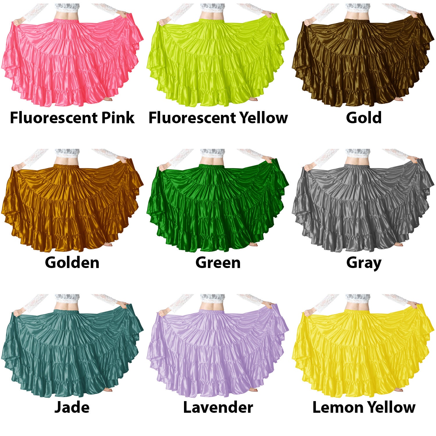 Gonna Lunga Danza Del Ventre In Raso - Doppio Spacco, Taglia Unica, Perfetta Per Flamenco E Performance - Foto 12