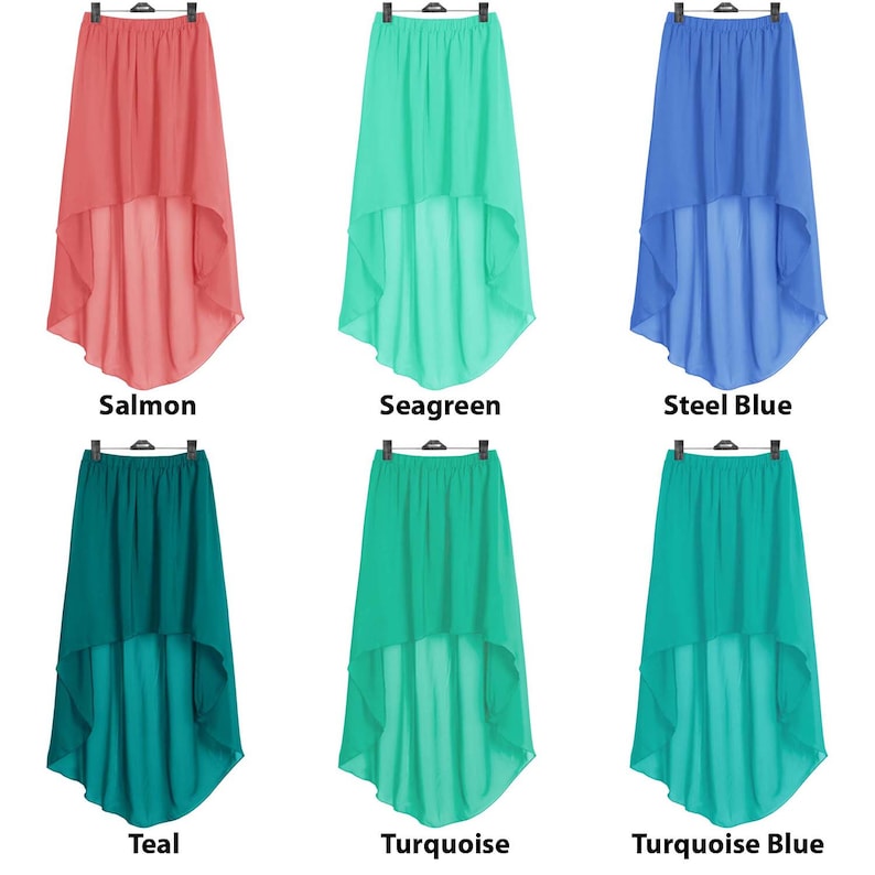 Pu&ograve; includere: Sei gonne asimmetriche in diversi colori: salmone, verde mare, blu acciaio, verde acqua, turchese e blu turchese. Le gonne sono realizzate in un tessuto leggero e fluido e hanno un'alta vita.