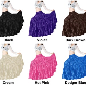 Satin 5 Tiered Skirt for Women Lady Girl Long Shiny Belly Dance 6 Yard Tier Flamenco Skirt Tribal Ruffle Costume 30 Colors Available
