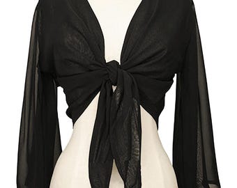 Schwarzes Chiffon Wickeltop Bluse Choli Flair Lange Voll Ärmel Binde Top Bauchtanz Gypsy Tribal Boho Bollywood Fusion Übungsgruppe Halloween