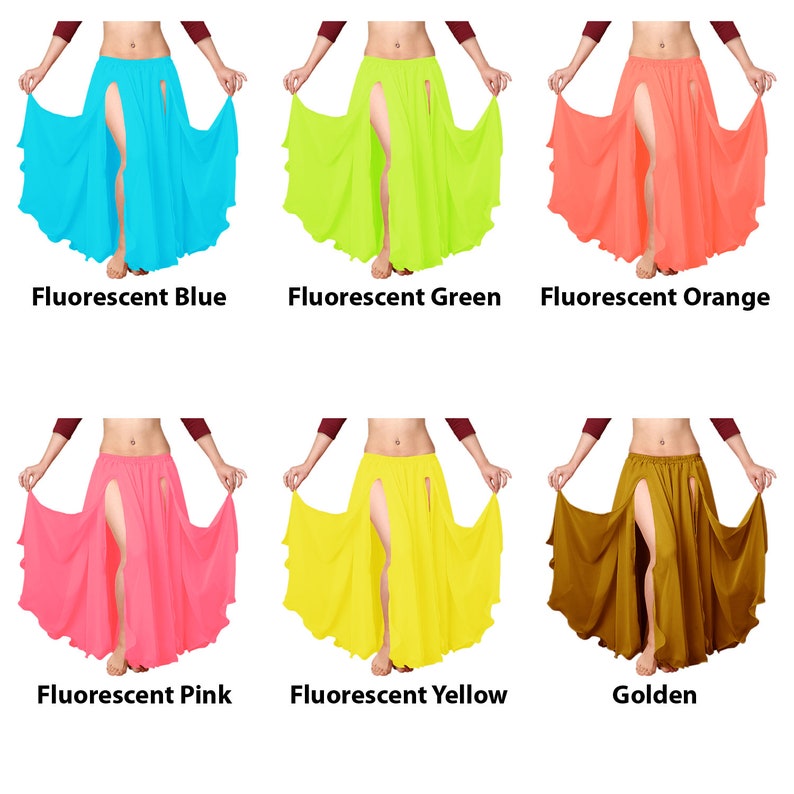 K&ouml;nnte beinhalten: Sechs verschiedene Farben von langen, flie&szlig;enden R&ouml;cken mit einem hohen Schlitz vorne. Die Farben sind fluoreszierendes Blau, fluoreszierendes Gr&uuml;n, fluoreszierendes Orange, fluoreszierendes Pink, fluoreszierendes Gelb und golden.