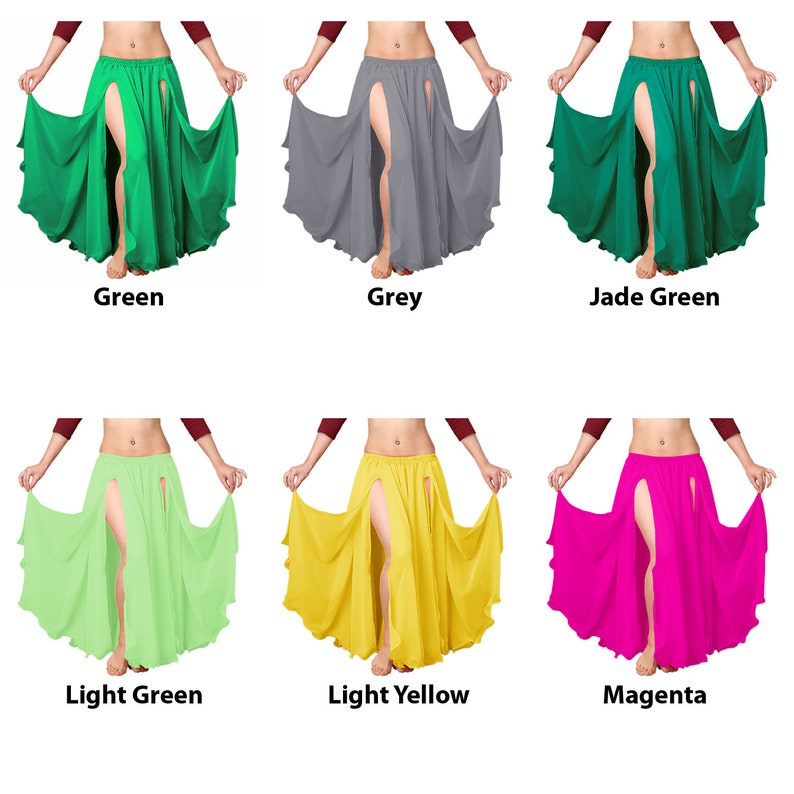 K&ouml;nnte beinhalten: Sechs verschiedene Farben eines langen, flie&szlig;enden Chiffon-Rocks mit einem Schlitz vorne. Der Rock ist in Gr&uuml;n, Grau, Jadegr&uuml;n, Hellgr&uuml;n, Hellgelb und Magenta erh&auml;ltlich.