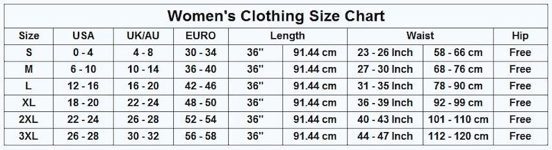 K&ouml;nnte beinhalten: Gr&ouml;&szlig;entabelle f&uuml;r Damenbekleidung mit Ma&szlig;en in Zoll und Zentimetern. Die Tabelle zeigt Gr&ouml;&szlig;en f&uuml;r S, M, L, XL, 2XL und 3XL. Sie enth&auml;lt US-, UK/AU- und Euro-Gr&ouml;&szlig;en sowie L&auml;ngen-, Taillen- und H&uuml;ftma&szlig;e.