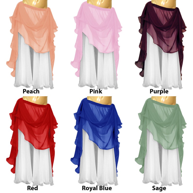 May include: Six different colors of chiffon dance skirts. The skirts are layered with a white underskirt and a top layer of chiffon in peach, pink, purple, red, royal blue, and sage.