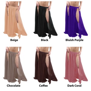May include: Six different colours of long, flowing chiffon skirts with a slit on each side. The colours are beige, black, bluish purple, chocolate, coffee, and dark coral.