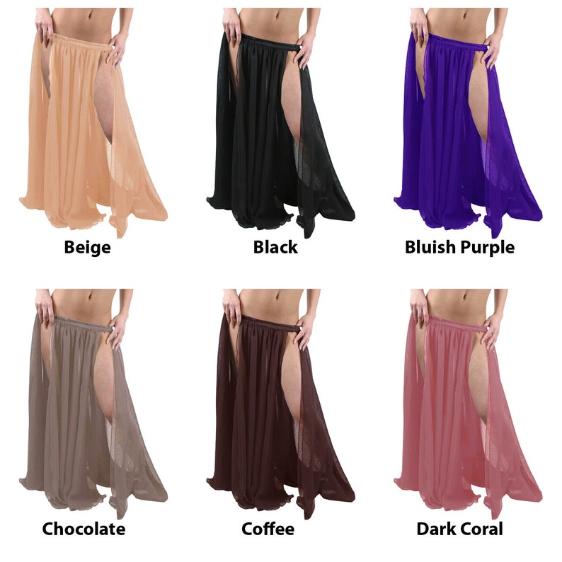 May include: Six different colours of long, flowing chiffon skirts with a slit on each side. The colours are beige, black, bluish purple, chocolate, coffee, and dark coral.