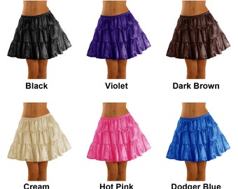 Satin 3 Tiered Mini Skirt for Women Lady Girl Short Shiny Skirt Retro Elastic Waist 30 Colors Available