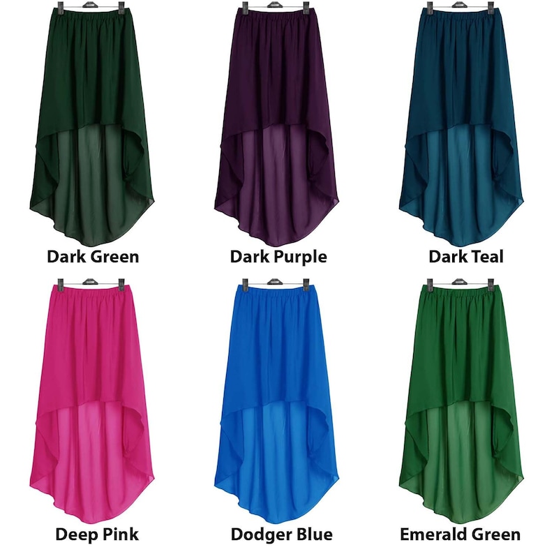 Pu&ograve; includere: Sei gonne asimmetriche in diversi colori: verde scuro, viola scuro, blu scuro, rosa intenso, blu elettrico e verde smeraldo. Le gonne sono tutte realizzate in un tessuto leggero e hanno un'alta vita.