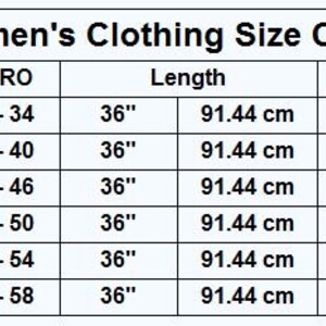 May include: Women's clothing size chart with measurements in inches and centimeters. The chart shows sizes for S, M, L, XL, 2XL, and 3XL. It includes US, UK/AU, and Euro sizes, as well as length, waist, and hip measurements.
