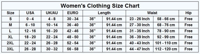 May include: Women's clothing size chart with measurements in inches and centimeters. The chart shows sizes for S, M, L, XL, 2XL, and 3XL. It includes US, UK/AU, and Euro sizes, as well as length, waist, and hip measurements.