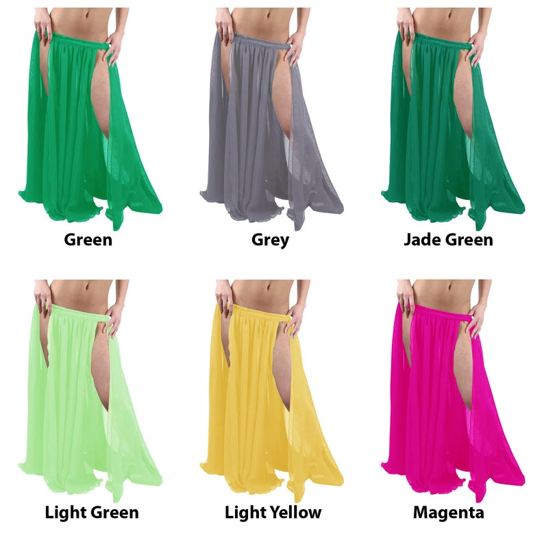 May include: Six different colours of sheer chiffon skirts with a slit up the front. The colours are green, grey, jade green, light green, light yellow, and magenta.