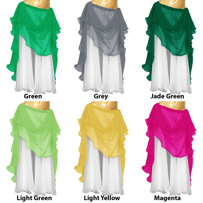 May include: Six different colors of chiffon belly dance skirts. The skirts are layered and have a ruffled edge. The colors are green, grey, jade green, light green, light yellow, and magenta.