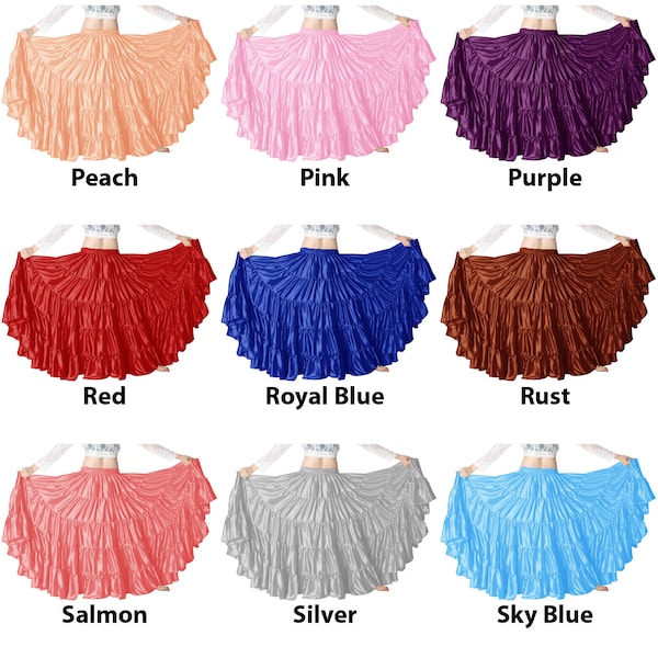 Satin 5 Tiered Skirt for Women Lady Girl Long Shiny Belly Dance 25 Yard Tier Flamenco Skirt Tribal Ruffle Costume 30 Colors Available