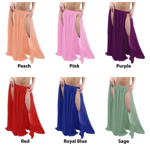 May include: Six different colours of sheer, flowing skirts with a slit up the front. The colours are peach, pink, purple, red, royal blue, and sage.