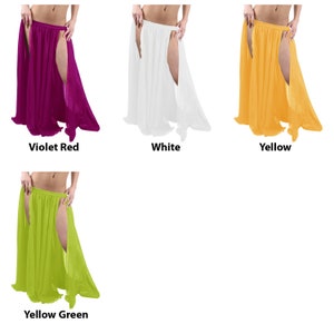 May include: Four long, flowing chiffon skirts with side slits. The skirts are available in violet red, white, yellow, and yellow green.