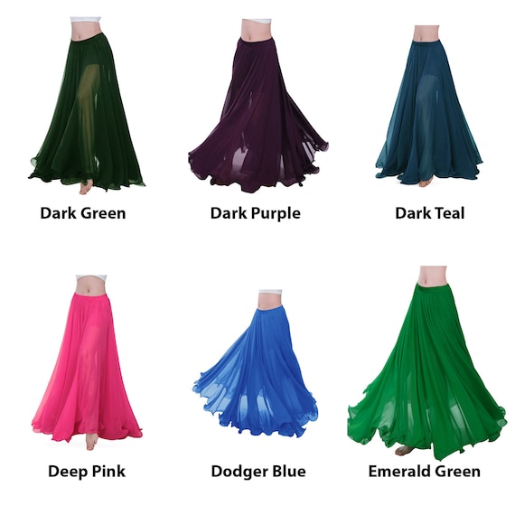 360 Full Circle Chiffon Long Swing Skirt - Tribal Belly Dance Costume Maxi Skirt (41 Colors, 36 Inch Length)
