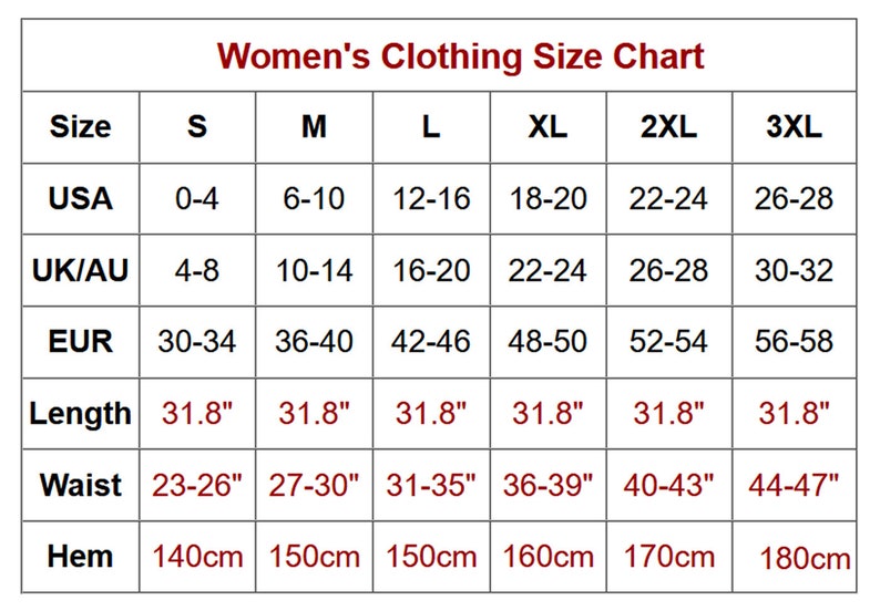 Pu&ograve; includere: Tabella delle taglie per abbigliamento femminile con misure in taglie USA, Regno Unito/Australia ed Europa. La tabella include anche misure di lunghezza, vita e orlo in pollici e centimetri.