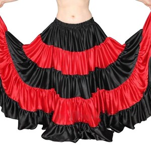 Red & Black Satin 5 Tiered Skirt for Women Lady Girl Long Shiny Belly Dance 25 Yard Tier Flamenco Skirt Tribal Ruffle Costume