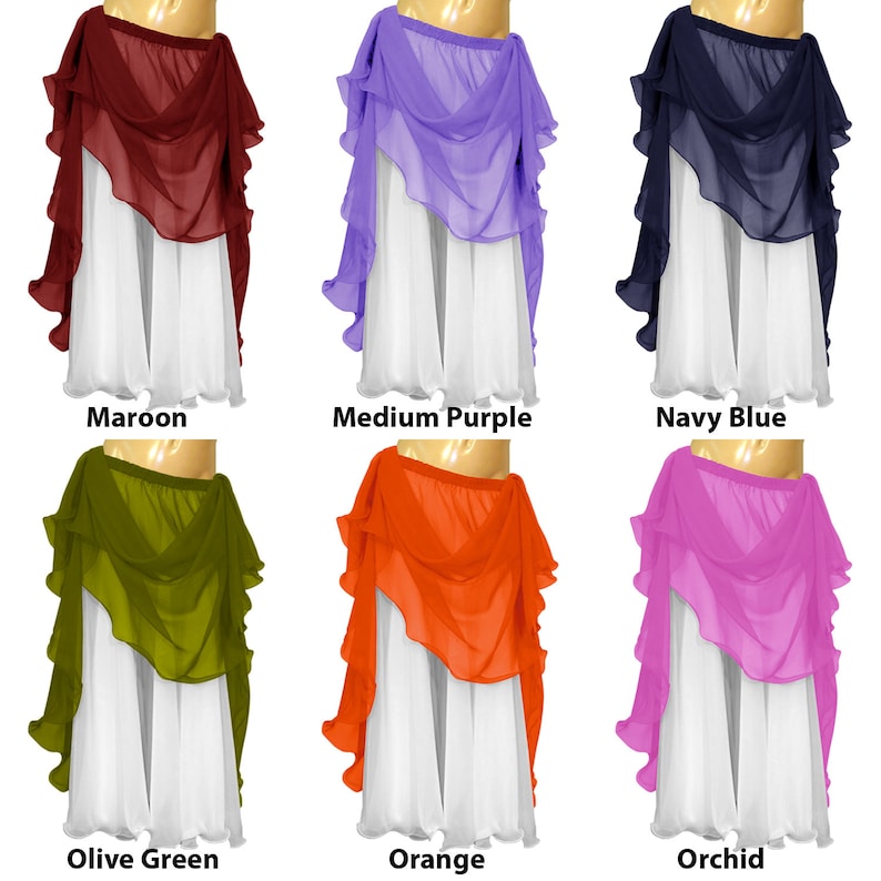 May include: Six different colors of chiffon belly dance skirts. The skirts are all white with a colored chiffon overlay. The colors are maroon, medium purple, navy blue, olive green, orange, and orchid.